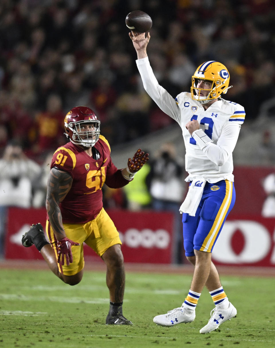 Southern California defensive lineman Brandon rushes California quarterback Miles Williams during the first half of an NCAA college football game Saturday, Nov. 5, 2022, in Los Angeles. (AP Photo/John McCoy)