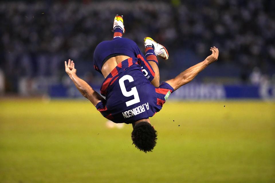 United States's Antonee Robinson celebrates scoring his side's opening goal against Honduras during a qualifying soccer match for the FIFA World Cup Qatar 2022, in San Pedro Sula, Honduras, Wednesday, Sept. 8, 2021. (AP Photo/Moises Castillo)