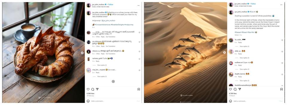 <span>Screenshots of Instagram posts showing AI-generated artwork by Jyo John Mulloor</span>