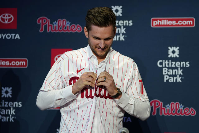 Philadelphia Phillies' Trea Turner plays during a baseball game, Thursday,  April 27, 2023, in Philadelphia. (AP Photo/Matt Slocum Stock Photo - Alamy