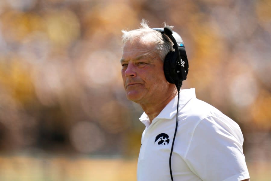 Iowa head coach Kirk Ferentz watches from the sideline during the second half of an NCAA college football game against Utah State, Saturday, Sept. 2, 2023, in Iowa City, Iowa. Iowa won 24-14. (AP Photo/Charlie Neibergall)