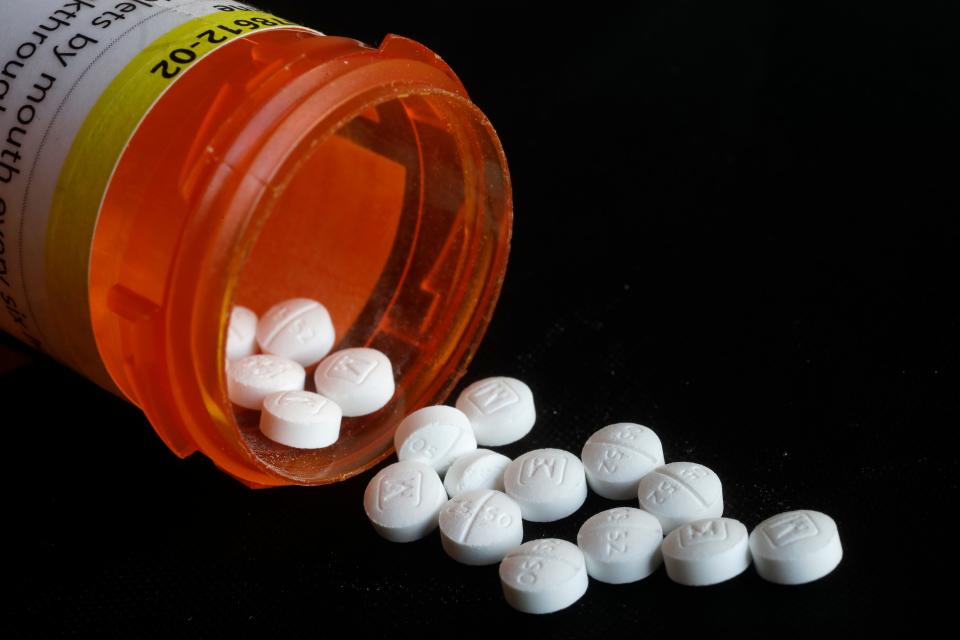 This Aug. 29, 2018 photo shows an arrangement of prescription Oxycodone pills in New York. Figures from a 2017 survey released on Friday, Sept. 14, 2018, show fewer people used heroin for the first time compared to the previous year, and fewer Americans misusing or addicted to prescription opioid painkillers. (AP Photo/Mark Lennihan) ORG XMIT: NY790

In New York in 2018.