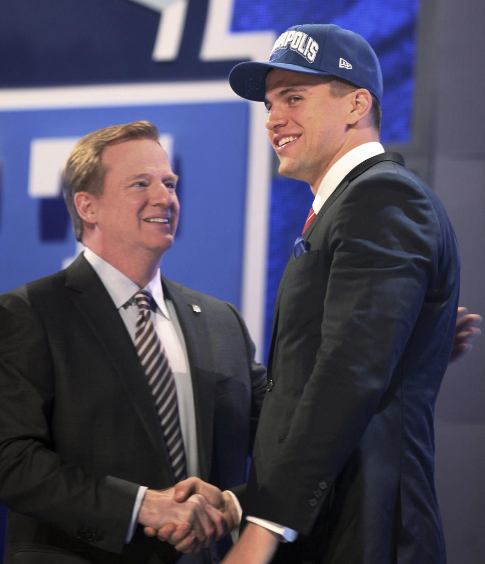 Stanford tight end Coby Fleener reacts after being selected 34th overall in the second round of the NFL football draft at Radio City Music Hall, Friday, April 27, 2012, in New York. (AP Photo/John Minchillo)