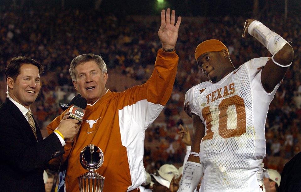 Texas coach Mack Brown and star quarterback Vince Young celebrated Texas' 38-37 win over Michigan in the 2005 Rose Bowl. Young predicted the Horns would be back the following season for the national title game and the Horns did just that, winning over USC in a thriller.