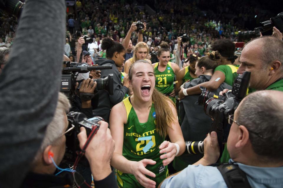 Oregon's Sabrina Ionescu (20) celebrates after a game against Mississippi State during the 2019 NCAA women's tournament. (Troy Wayrynen-USAT Sports)