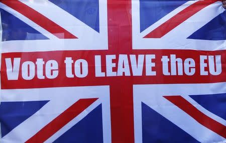 A Vote Leave supporter holds up a Union flag outside Downing Street after Britain voted to leave on the European Union in London, Britain, June 24, 2016. REUTERS/Neil Hall/File Photo