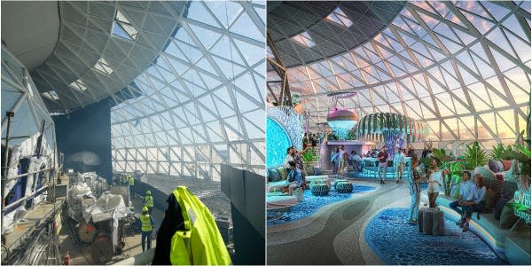 A collage of the Royal Caribbean Icon of the Seas Aqua Dome under construction compared to renderings of the venue