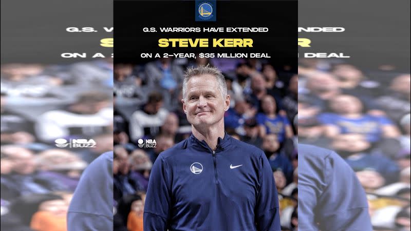 柯爾（Steve Kerr）和金州勇士續約2年3500萬美金。（圖／翻攝自NBA Buzz推特）