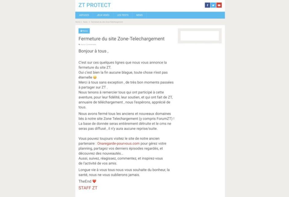Zone-Telechargement et Tirexo, deux sites de téléchargement illégal, annoncent fermer