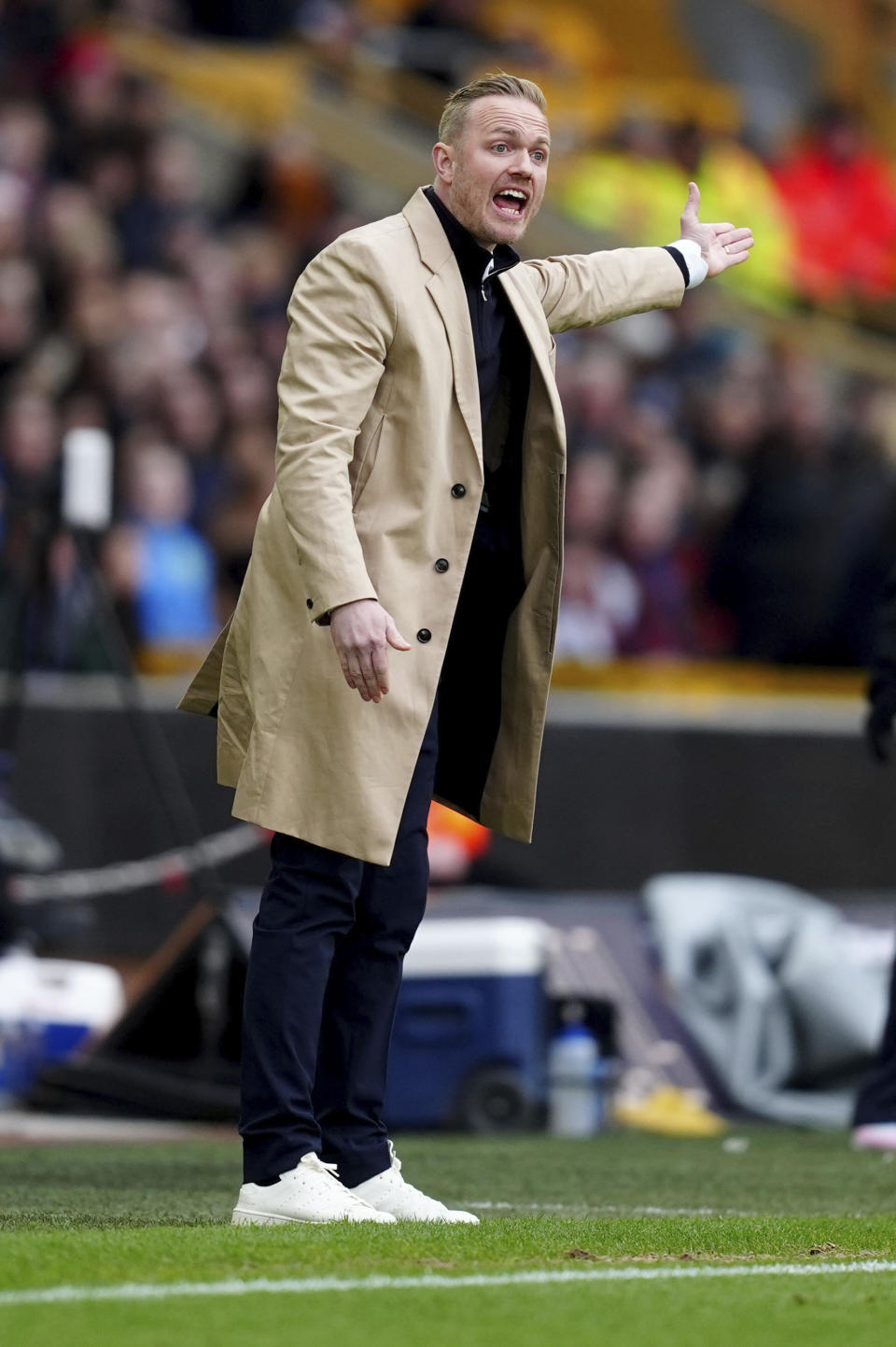 Arsenal manager Jonas Eidevall gestures during the FA Women's Continental Tyres League Cup Final at Molineux Stadium, Wolverhampton, England, Sunday March 31, 2024. (David Davies/PA via AP)