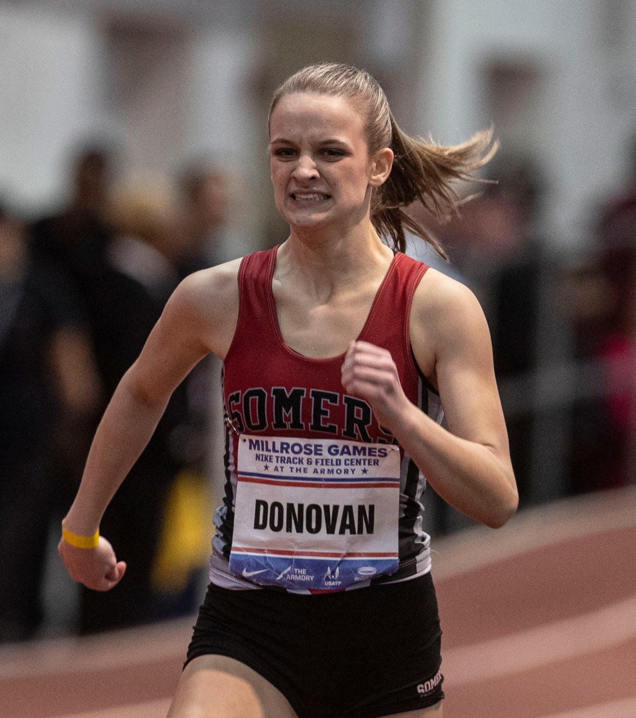 Feb 11, 2024; New York, New York, USA; Haylie Donovan of Somers competes in the girls 300 meter race during the Millrose Games at The Armory in New York City Feb. 11, 2024. Mandatory Credit: Seth Harrison-Westchester County Journal News