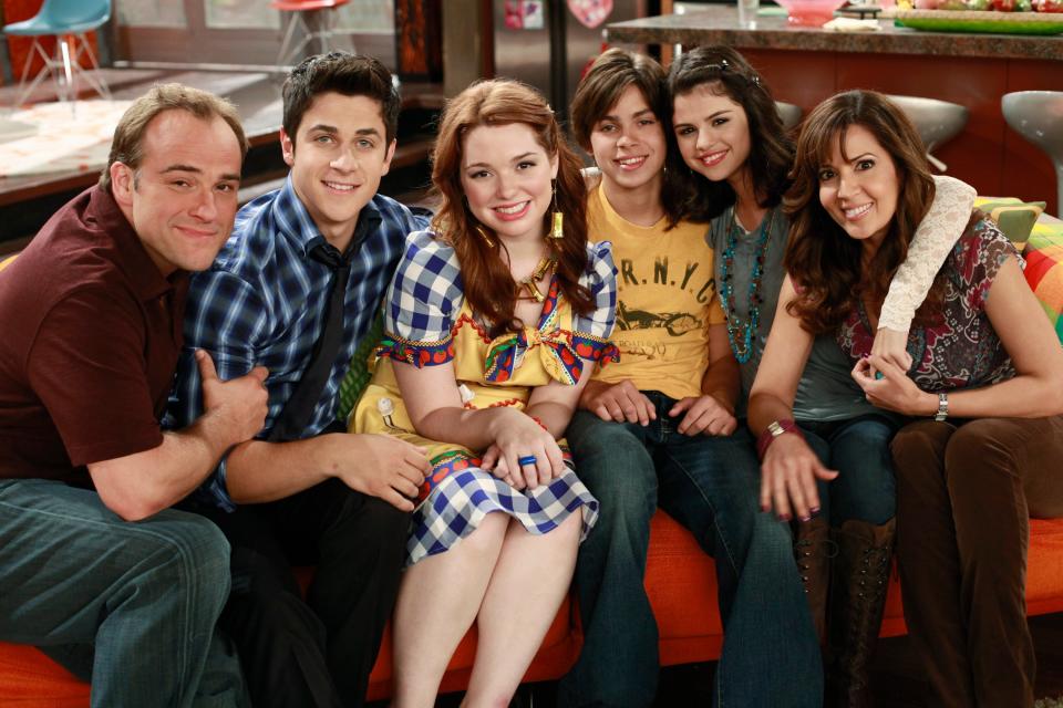 David DeLuise, David Henrie, Jennifer Stone, Jake T. Austin, Selena Gomez, and Maria Canals-Barrera on the set of "Wizards of Waverly Place."