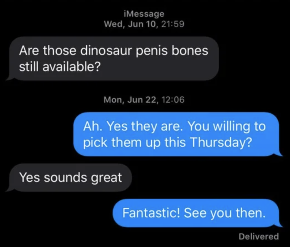 wrong number text of someone asking for dinosaur penis bones