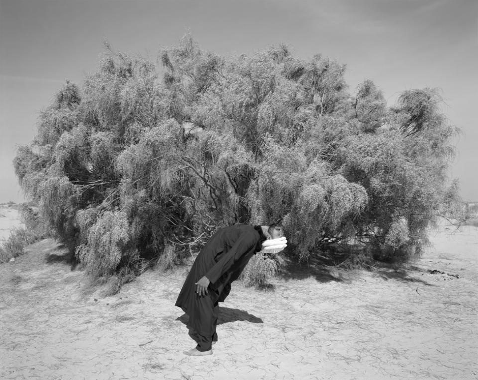 Retrato de un hombre con un arbusto detrás