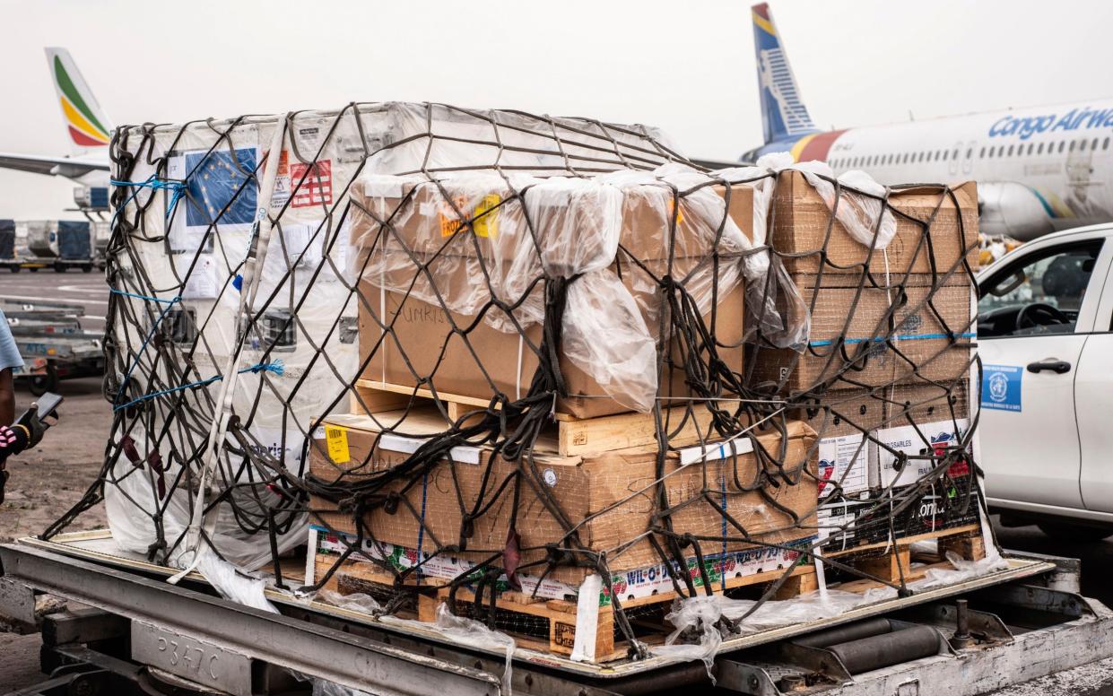 Mpox vaccine MVA-BN vaccine, manufactured by the Danish company Bavarian Nordic, are offloaded from a plane in Kinshasa, Congo