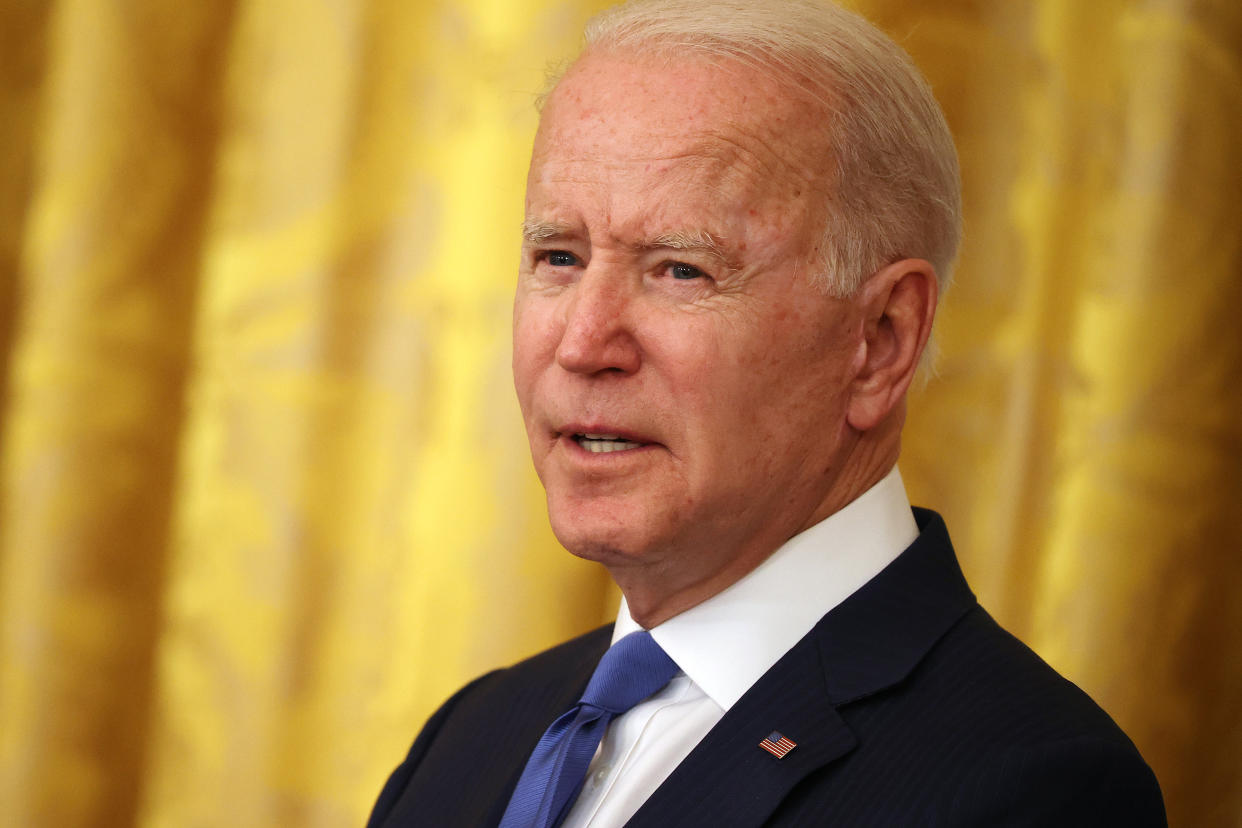 Joe Biden introduced a proposal Thursday that would allow some transgender athletes to be banned from high school and college sports. (Photo by Chip Somodevilla/Getty Images)