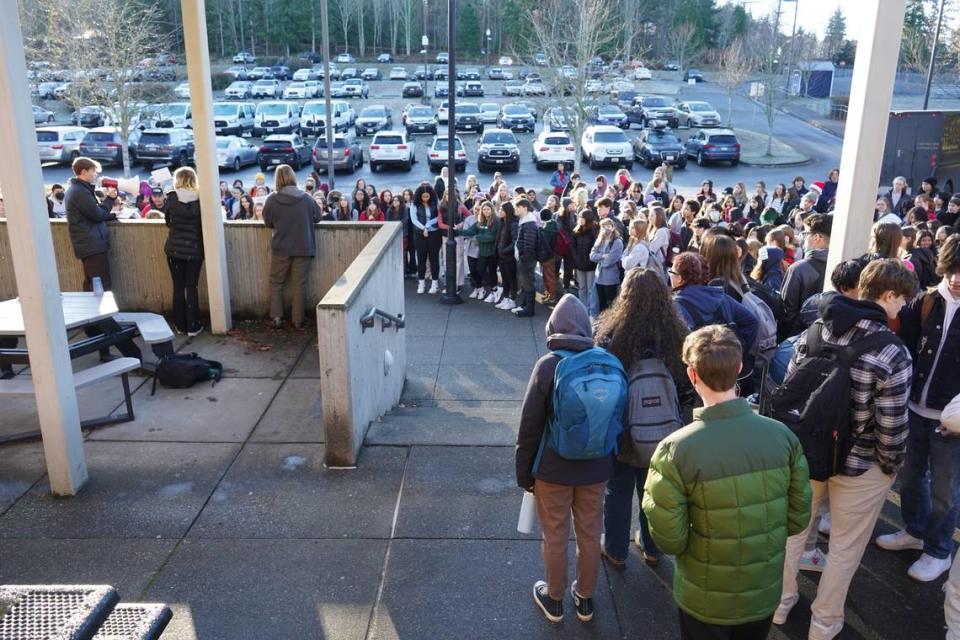 Hundreds of students walked out of Squalicum High School Monday, Dec. 12, in Bellingham. Students were protesting after The Bellingham Herald reported that three Bellingham Public Schools assistant principals were issued criminal citations for failing to report a student’s sexual assaults.