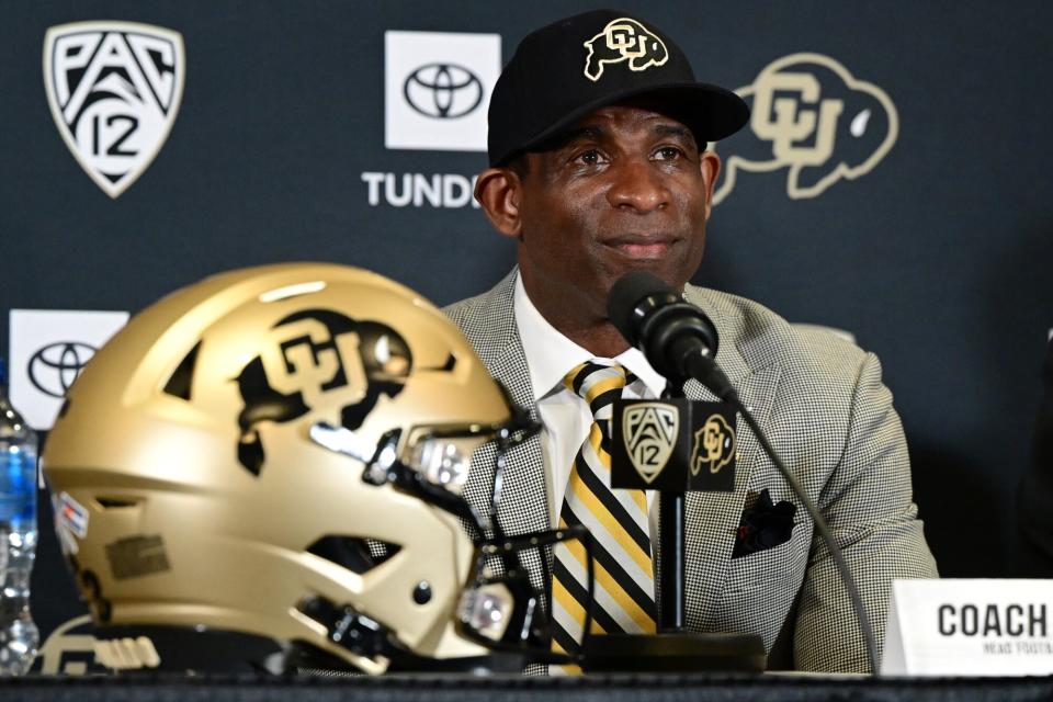 Deion Sanders, CUs new head football coach, takes questions in the Arrow Touchdown Club during a press conference on December 4, 2022 in Boulder, Colorado. CU held an introductory press conference to announce the hiring of Deion Coach Prime Sanders as the schools new head football coach. Chancellor Phil DiStefano and athletic director Rick George accompanied Sanders into a packed room in the Arrow Touchdown Club inside the Dal Ward Athletic Center. Sanders becomes the 28th head coach in Buffalo football history. Sanders, who known as Prime Time during his Hall of Fame playing career has since transitioned into Coach Prime as a head football coach. Sanders, 55, joins the CU program from Jackson State University where in three seasons the Tigers compiled a 27-5 record and won back-to-back Southwestern Athletic Conference championships.