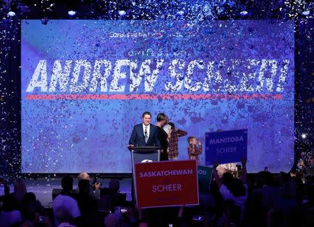 Andrew Scheer celebrates after winning the leadership during the Conservative Party of Canada leadership convention in Toronto, Ontario, Canada May 27, 2017. REUTERS/Chris Wattie