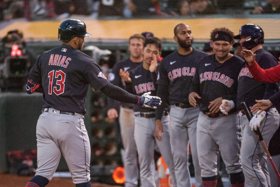 Apr 4, 2023; Oakland, California, USA; Cleveland Guardians second baseman Gabriel Arias (13) celebrates with team mates after hitting a home run during the fourth inning against the Oakland Athletics at RingCentral Coliseum. Mandatory Credit: Ed Szczepanski-USA TODAY Sports