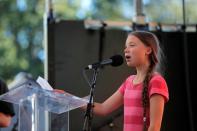 Sixteen year-old Swedish climate activist Greta Thunberg speaks ast Global Climate Strike in Manhattan in New York