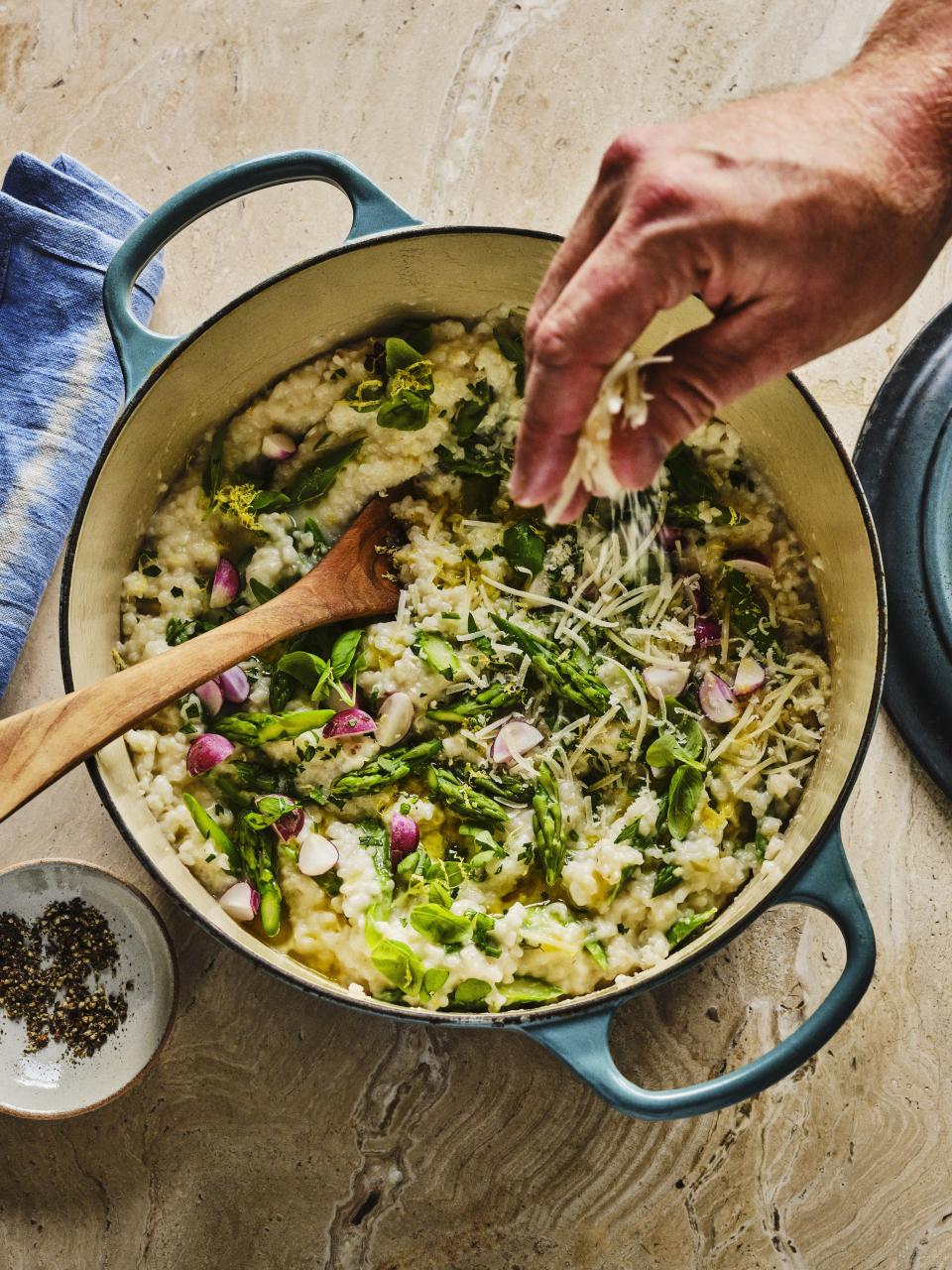 Asparagus and Rice Middlin’ Risotto, a dish from Chef William Dissen's cookbook, "Thoughtful Cooking: Recipes Rooted In the New South," available April 2, 2024.