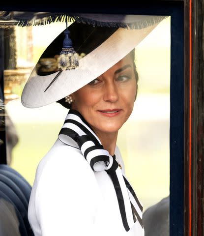 <p>Samir Hussein/WireImage</p> Kate Middleton rides in a carriage at Trooping the Colour on June 15, 2024