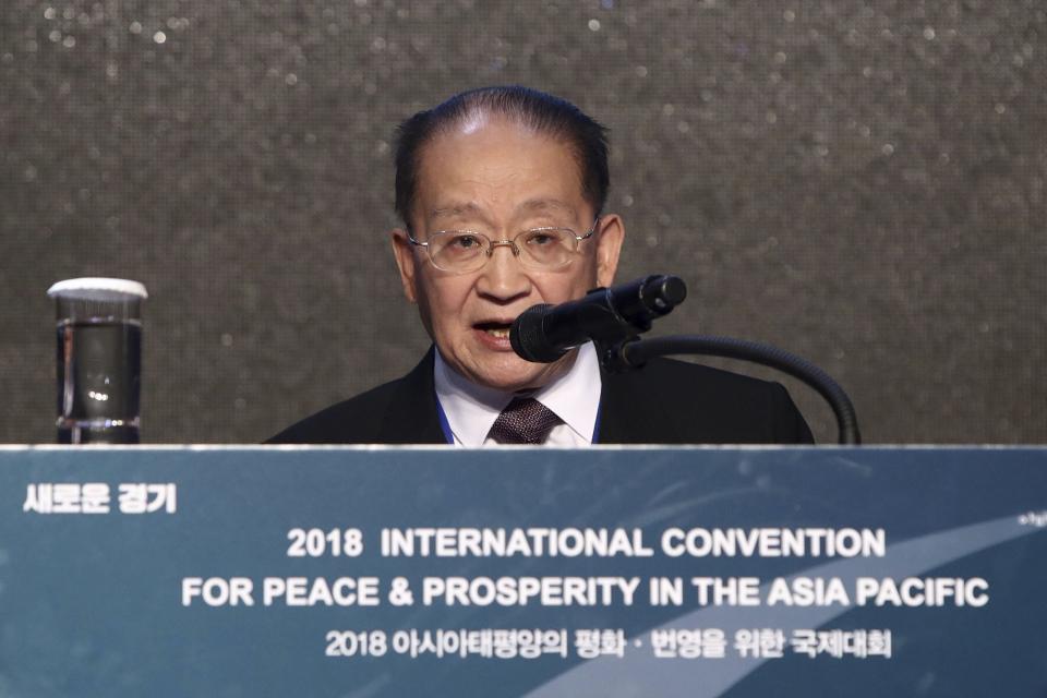 North Korean Ri Jong Hyok, center, vice chairman of the Korean Asia-Pacific Peace Committee speaks during the international convention for peace and prosperity in the Asia-Pacific Friday, Nov. 16, 2018 in Goyang, South Korea. (Chung Sung-Jun/Pool Photo via AP)