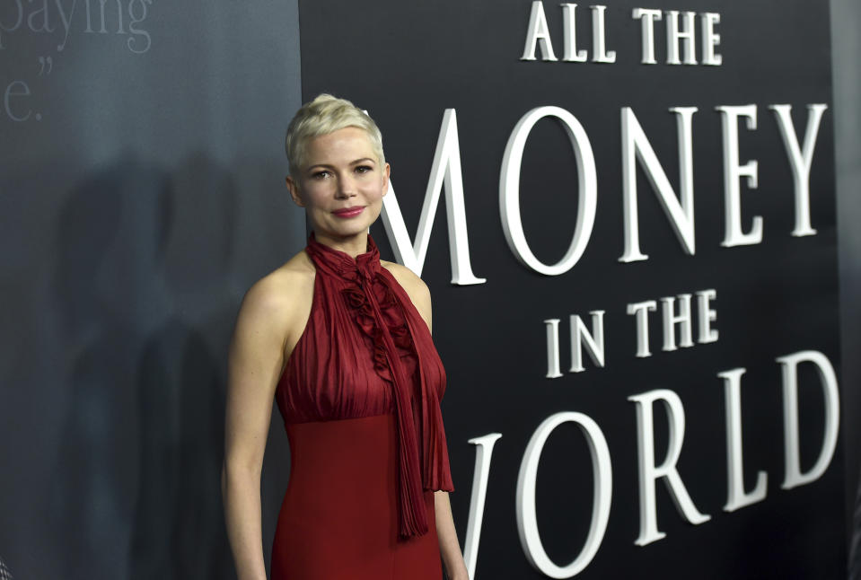 Michelle Williams arrives at the world premiere of "All the Money in the World" at the Samuel Goldwyn Theater on Monday, Dec. 18, 2017, in Beverly Hills, Calif. (Photo by Jordan Strauss/Invision/AP)