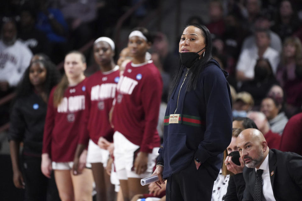 South Carolina coach Dawn Staley watches from the sideline during the first half a second-round game against Miami on March 20. (AP Photo/Sean Rayford)