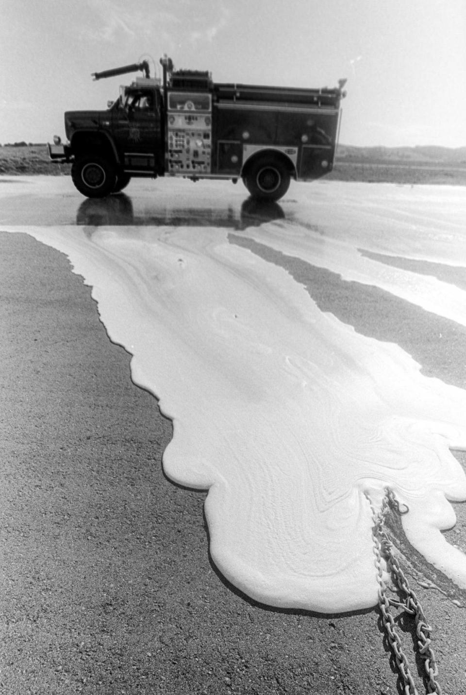 The San Luis Obispo County Regional Airport Fire Station demonstrated what was a new technology on Jan. 8, 1988: a $200,000 foam spraying fire truck. At the time it was called the Department of Forestry-County Fire station at McChesney Field. The equipment was said to be able to arrive within two minutes and begin dousing fire before it parked with push button controls inside the cab. This unit replaced an older unit that parts were no longer available for.