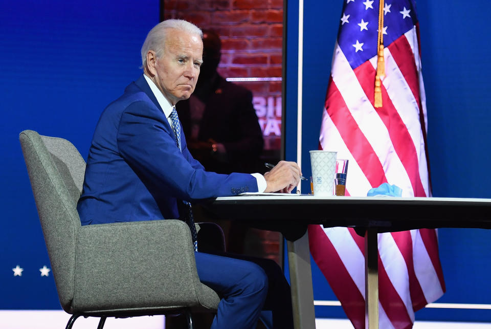 US President-elect Joe Biden and US Vice President-elect Kamala Harris(not shown) speak virtually with the Covid-19 Advisory Council during a briefing at The Queen theatre on November 9, 2020 in Wilmington, Delaware. (Photo by Angela Weiss / AFP) (Photo by ANGELA WEISS/AFP via Getty Images)