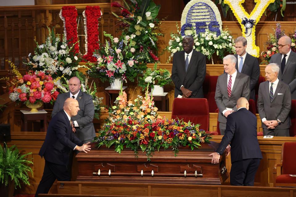 The casket is moved during the funeral for President M. Russell Ballard of The Church of Jesus Christ of Latter-day Saints at the Salt Lake Tabernacle in Salt Lake City on Friday, Nov. 17, 2023. | Jeffrey D. Allred, Deseret News