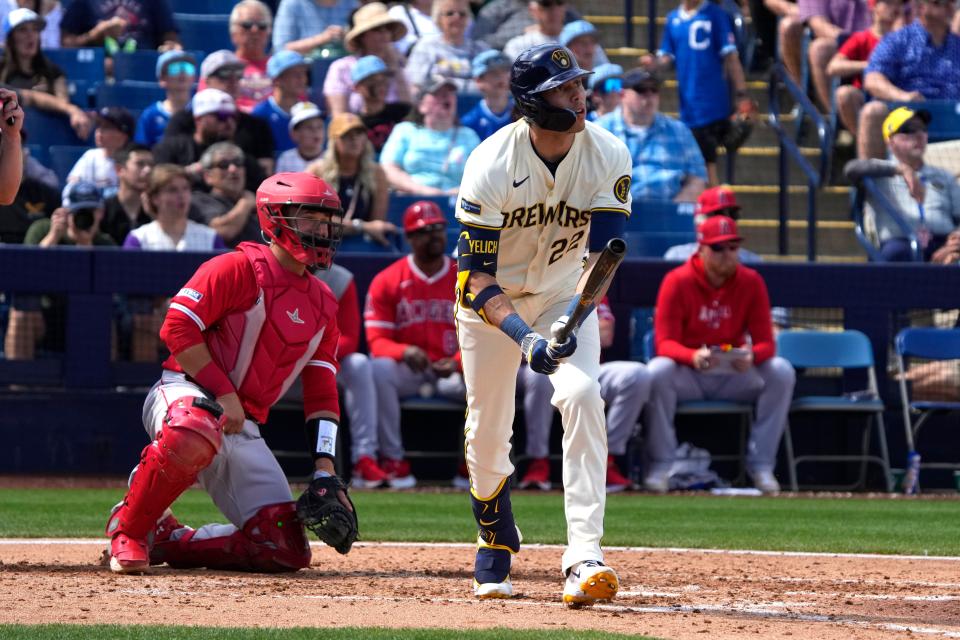 Brewers left fielder Christian Yelich hits a home run on March 18 against the Los Angeles Angels.