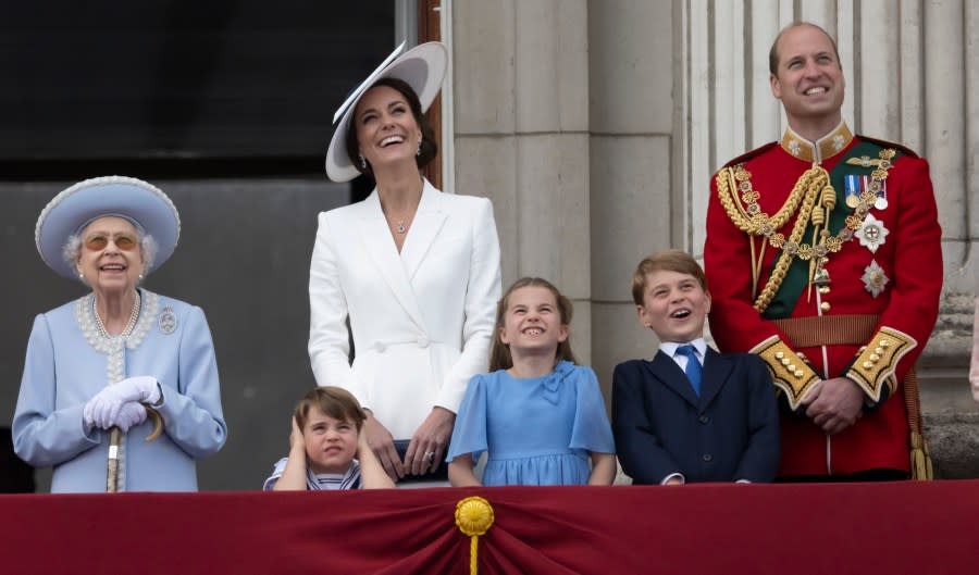 FILE – Queen Elizabeth II, Prince Louis, Kate, Duchess of Cambridge, Princess Charlotte, Prince George and Prince William gather on the balcony of Buckingham Palace, London, Thursday, June 2, 2022 as they watch a flypast of Royal Air Force aircraft pass over. (Paul Grover, Pool Photo via AP, File)