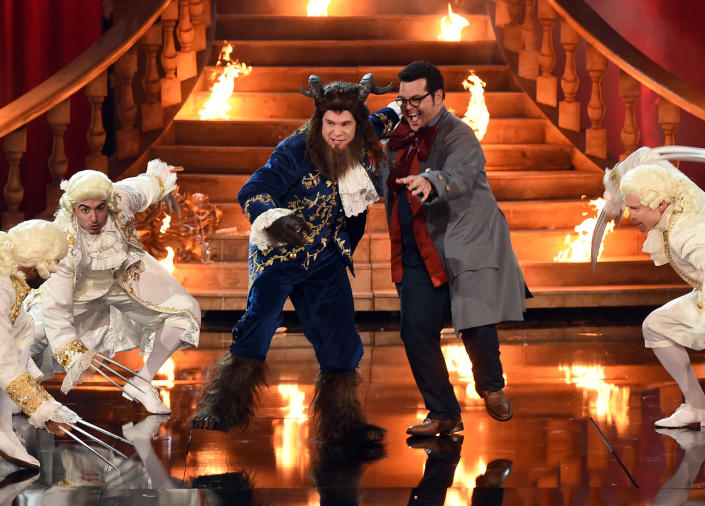Host Adam DeVine (L) and actor Josh Gad perform onstage during the 2017 MTV Movie And TV Awards at The Shrine Auditorium on May 7, 2017 in Los Angeles, California.u&amp;nbsp;