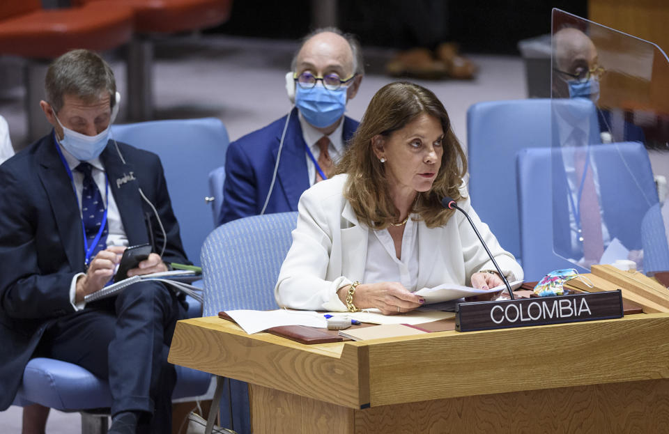 Marta Lucía Ramirez, Vice-President and Minister for Foreign Affairs of the Republic of Colombia, addresses the Security Council meeting on the situation in Colombia, Tuesday, July 13, 2021 at the United Nations. (Loey Felipe/UN Photo via AP)