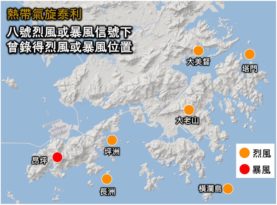 八號熱帶氣旋警告信號下，本港多區吹烈風，高地間中更達到暴風程度。（圖：香港天文台）