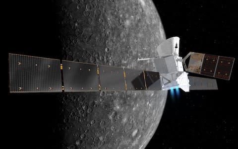 An artist's impression of BepiColombo at Mercury - Credit: ESA