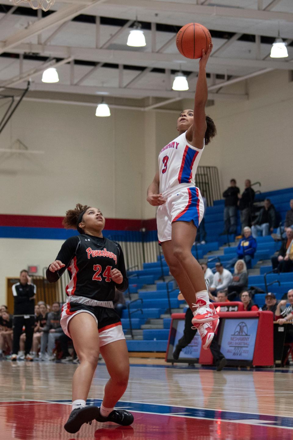 Neshaminy sophomore Alena Cofield shoots over Pennsbury senior Nevaeh Dash at Neshaminy High School on Tuesday, Jan. 24, 2023. Neshaminy fell to Pennsbury at home after overtime, 31-30.