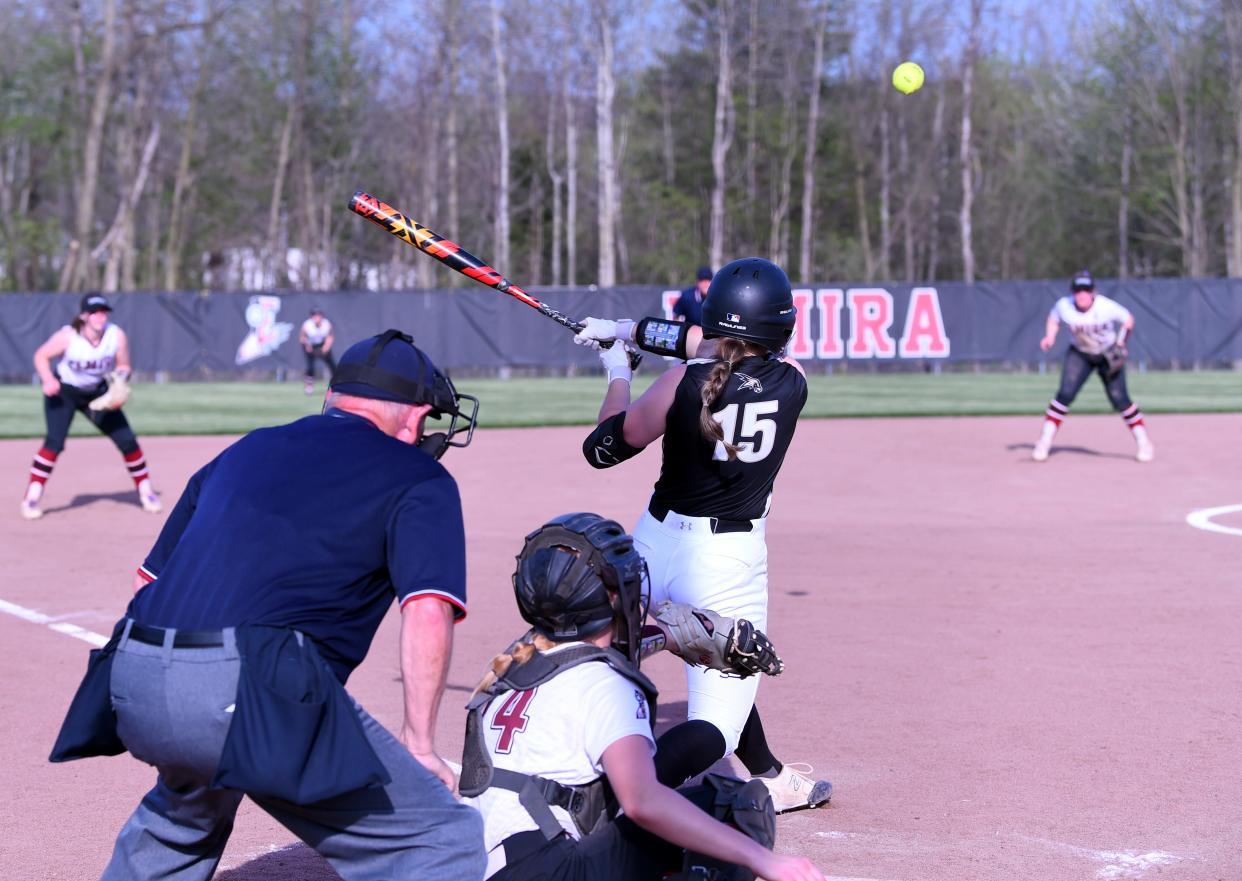 Corning's Peyton Sullivan takes a cut during an 18-2, five-inning win over Elmira in a STAC softball game April 29, 2024 at Elmira High School.