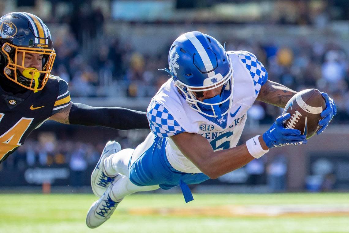 Kentucky wide receiver Dane Key (6) scored the game-winning touchdown in UK’s 21-17 win at Missouri on this 22-yard pass from Will Levis.