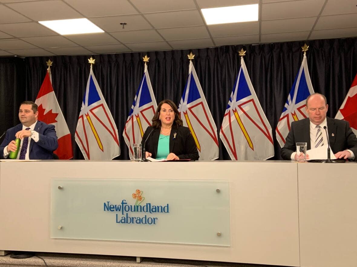 At a media conference on Tuesday, Ministers Siobhan Coady, John Abbott and Bernard Davis announced measures aimed primarily at helping vulnerable people cope with the cost of living. (Darrell Roberts/CBC - image credit)