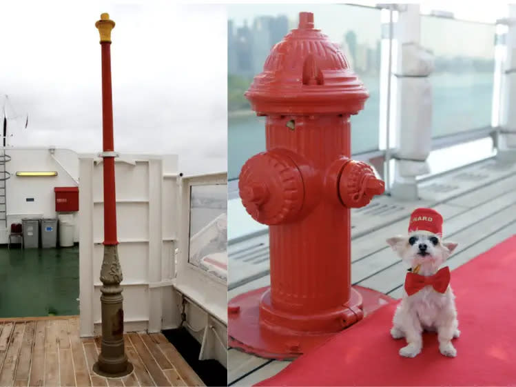 Ein englischer Laternenpfahl und ein amerikanischer Feuerhydrant.  - Copyright: Cunard Line