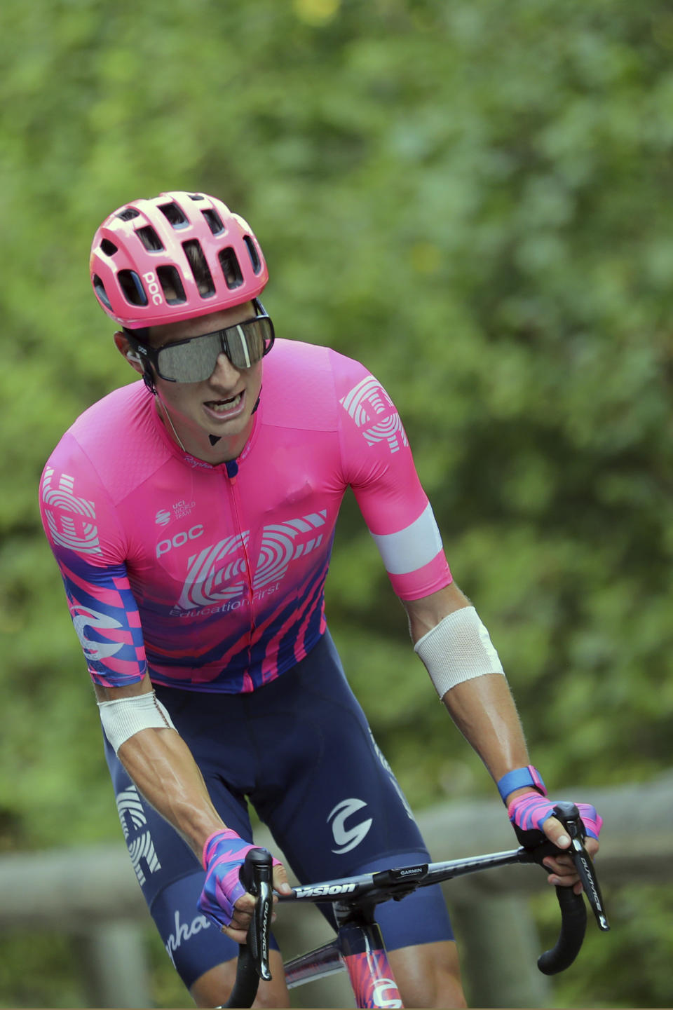 Neilson Powless of the US rides during the 16th stage of the Tour de France cycling race over 164 kilometers from La Tour-du-Pin to Villard-de-Lans Tuesday, Sept. 15, 2020. (AP Photo/Thibault Camus)