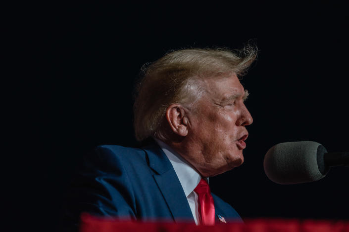 Donald Trump holds a rally at the county fairgrounds in Waukesha, Wis. on Aug. 5, 2022. (Jamie Kelter Davis/The New York Times)