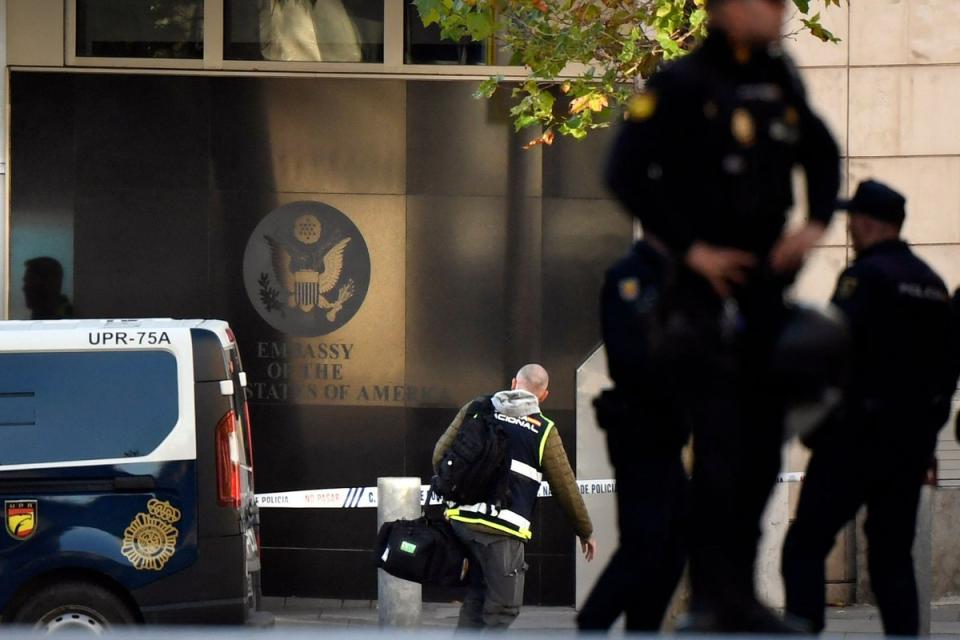 Spanish police standing guard near the US embassy in Madrid, after a letter bomb was received on December 1, 2022 (AFP via Getty Images)