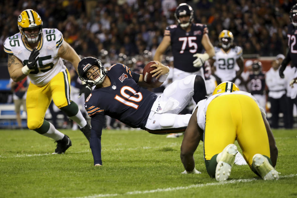 Chicago Bears quarterback Mitch Trubisky (10) is sacked on third down during the second half against the Green Bay Packers at Soldier Field in Chicago on Thursday, Sept. 5, 2019. The Packers won, 10-3. (Armando L. Sanchez/Chicago Tribune/TNS)