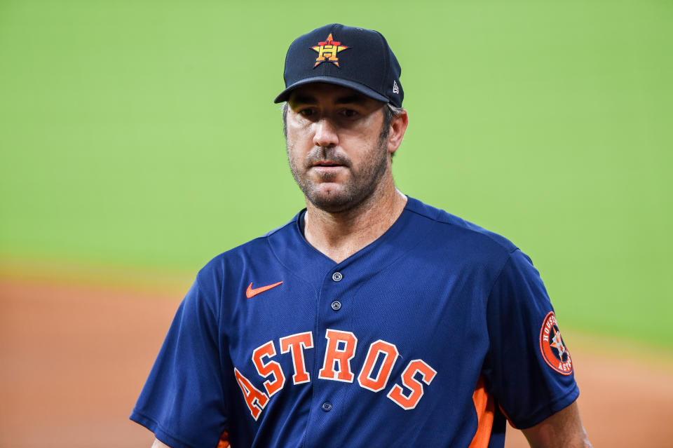 HOUSTON, TX - JULY 14: Houston Astros pitcher, Justin Verlander (35) approaches the dugout during Astros Summer Camp at Minute Maid Park on Monday, July 14, 2020 in Houston, TX. (Photo by Ken Murray/Icon Sportswire via Getty Images)