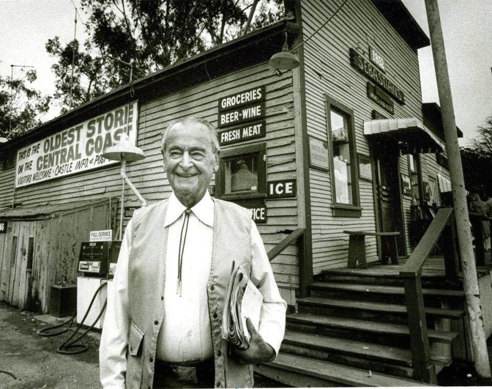 Pete Sebastian stands in front of Sebastian’s Store in San Simeon in 1986. The store has been in operation since 1852. The structure was made by combining two buildings in the 1860s, moved to the site from a nearby whaling camp.
